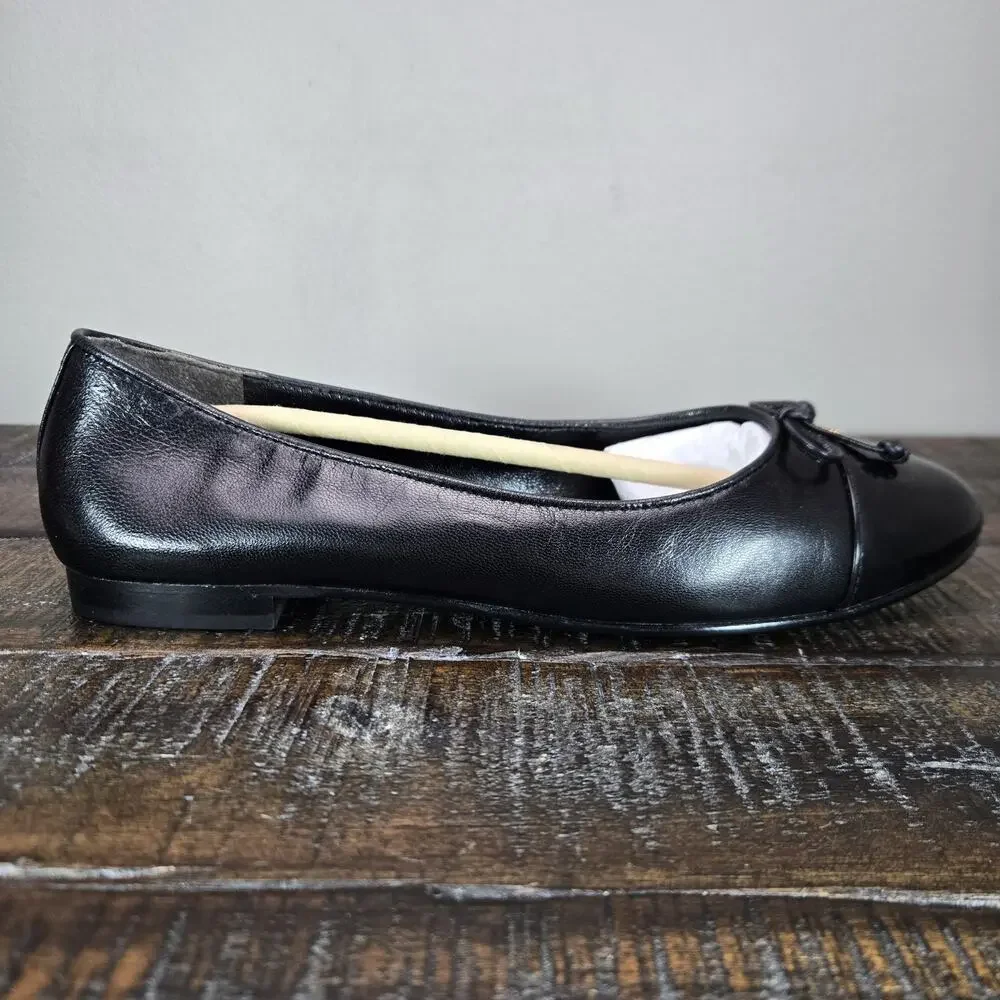 NEW Tory Burch Cap Toe Ballet Womens Size 7.5 Logo Flats Shoe Goat Leather Black